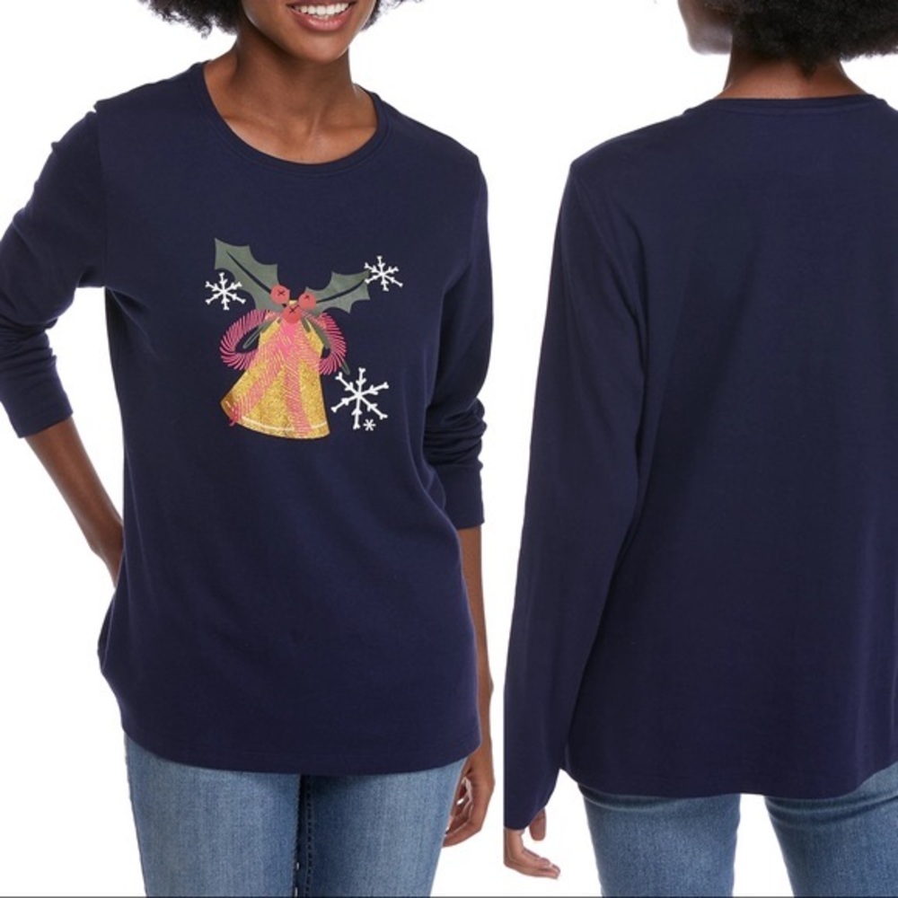 NEW Christmas Holiday Holiday Navy Bell Soft Long Sleeve Graphic Tee Size Small